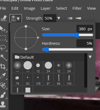 Adjusting brush size and hardness in Photopea's top second toolbar for optimal image enhancement and optimization, aiding in boosting website speed.