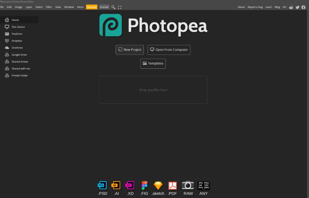 Photopea homepage interface highlighting the 'Open From Computer' box to boost website speed with image optimization.