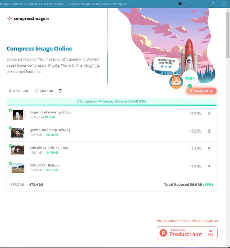 Multiple image compression results in compressimage.io, showcasing comprehensive image optimization to enhance website speed.