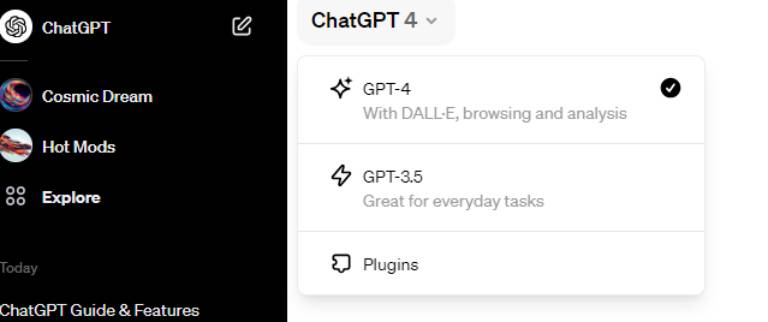 A user interface dropdown menu showing options for ChatGPT 4 with features like DALL-E, browsing, and analysis, and GPT-3.5 is described as great for everyday tasks, along with a plugin option.