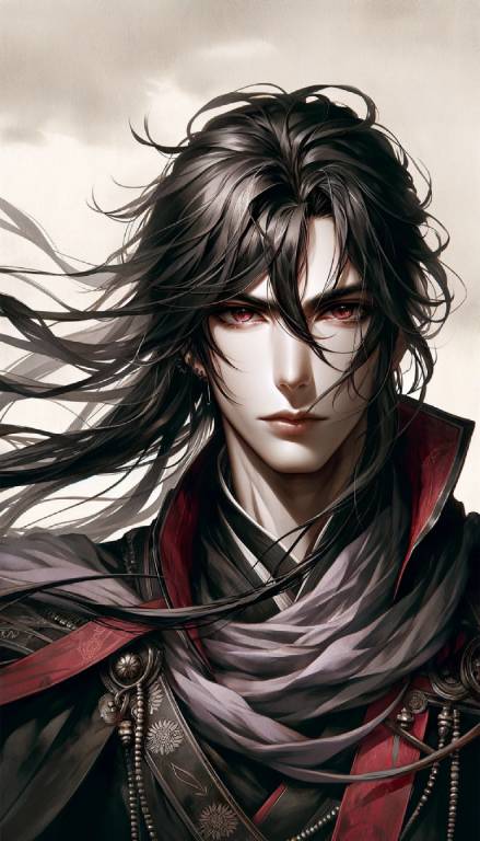 An illustration of a fantasy character with long flowing black hair and striking red eyes, dressed in an elaborate dark outfit with red accents and silver adornments.