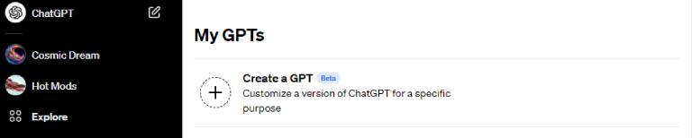 A snapshot of the ChatGPT side panel highlighting the 'Explore' option beneath 'Cosmic Dream' and 'Hot Mods', indicating tools for discovering ChatGPT's extended functionalities.