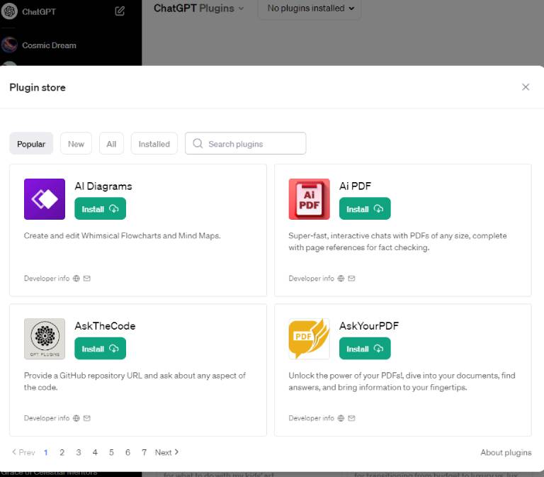 Screenshot of the ChatGPT Plugin Store interface showing various plugins.
