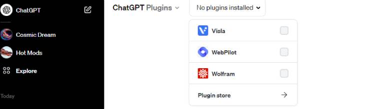 Screenshot of the ChatGPT Plugins interface showing available plugins including Visla, WebPilot, and Wolfram, with an option to visit the plugin store.