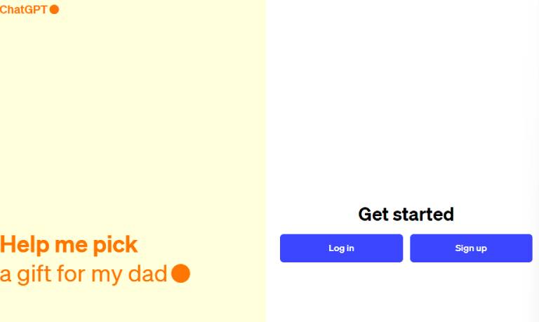 A screenshot of the ChatGPT interface with a feature prompt saying "Help me pick a gift for my dad" and a "Get started" section with "Log in" and "Sign up" buttons.