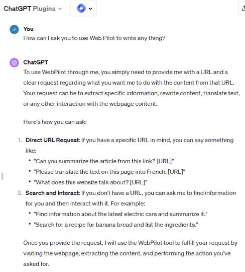 A screenshot from the ChatGPT interface shows a conversation about how to use the WebPilot plugin, with an icon indicating the WebPilot feature next to the ChatGPT 4 label.