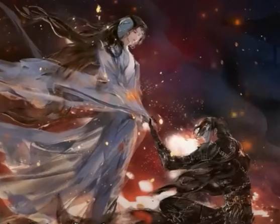 Hua Cheng kneeled at Xie Lian's feet, expressing his devotion with the words, 'It would be my honor to die fighting for you.