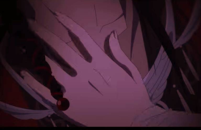 Close-up of Xie Lian's hand on Hua Cheng's chest.