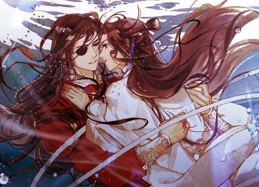 Hua Cheng embracing Xie Lian in the water, from "Heaven Official's Blessing" Vol.3 book cover.