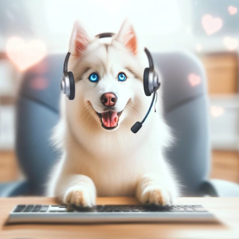 A content white Shiba Ken wearing a headset smiles while using a computer, embodying the ease of learning with ChatGPT's guidance.