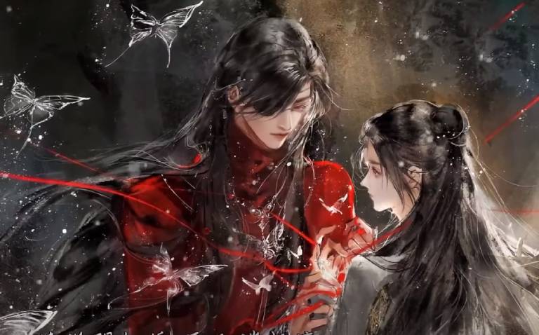 Xie Lian and Hua Cheng share a tender moment amidst a mystical backdrop, epitomizing their deep bond.