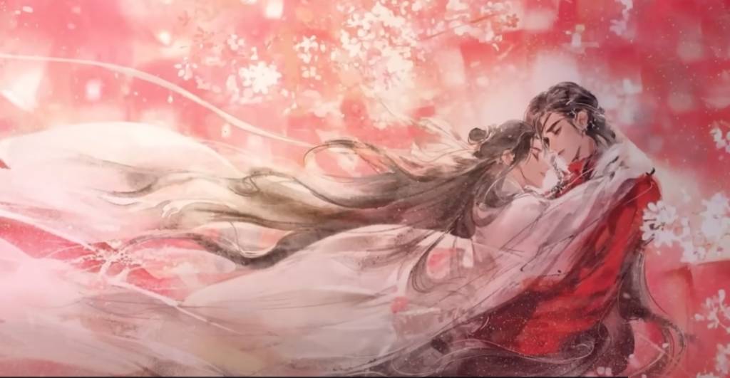 Xie Lian and Hua Cheng intimately embraced amidst cherry blossoms, symbolizing Everlasting Love Beyond Separation.