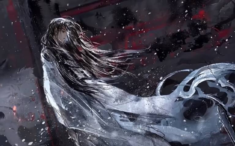 Xie Lian is portrayed in a moment of profound grief amidst a stormy backdrop, symbolizing the depth of his loss.