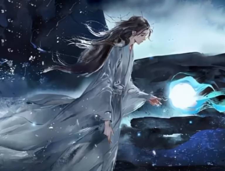 Xie Lian, with wind-tousled hair, reaches out to a luminous orb amidst a turbulent backdrop.