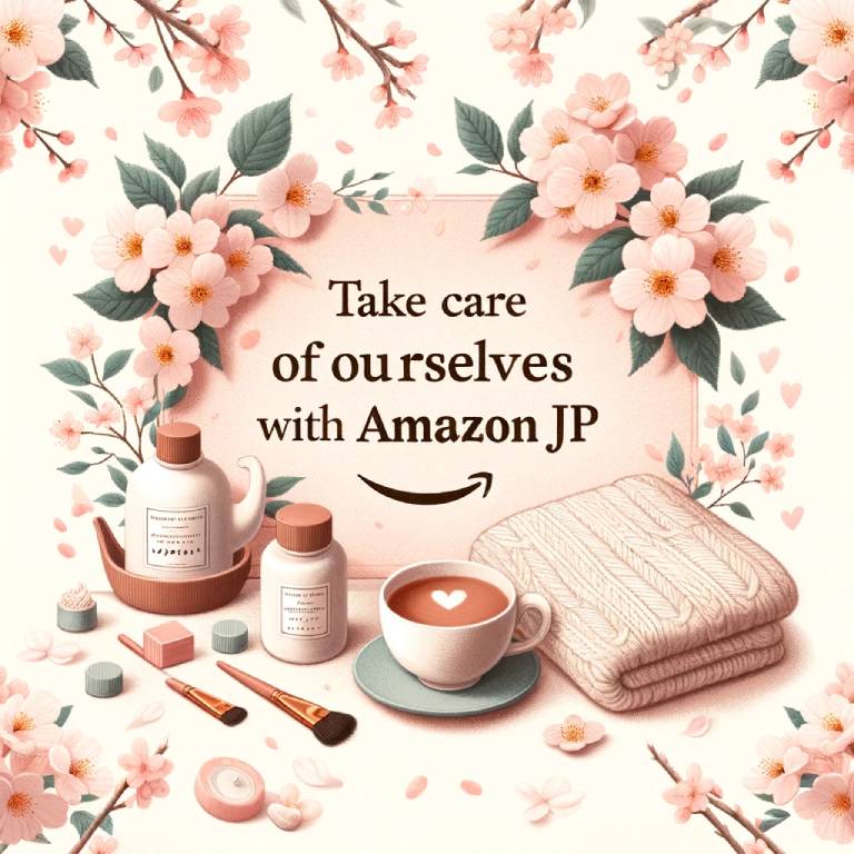 An inviting image featuring Sakura blossoms and self-care items with the text "Take Care Of Ourselves With Amazon JP" amidst a spring-inspired setting.