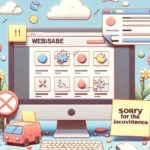 An illustration of a computer screen displaying a website with broken image icons, accompanied by a 'Sorry for the inconvenience' apology note on a sticky note, set against a background of comforting and soft colors.